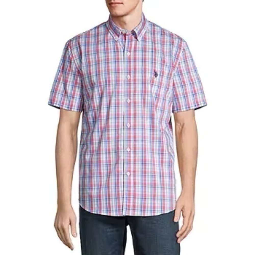 New U.S. Polo Assn. No Mens Classic Fit Short Sleeve Plaid Button-Down Shirt​